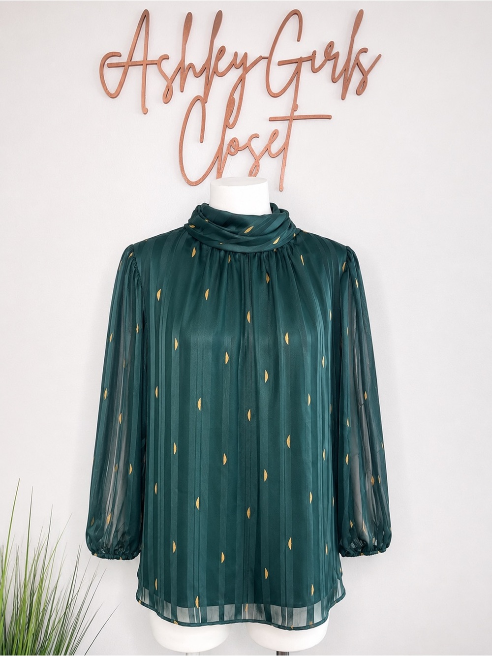 Zac & Rachel Deep Green Striped Blouse with Gold Leaf Accents